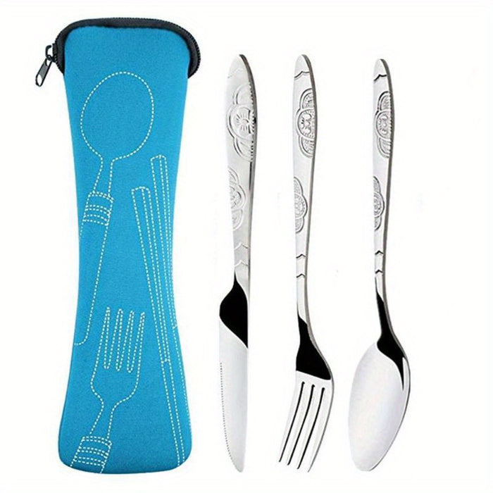 3pcs Set Dinnerware Portable Printed Knifes Fork Spoon Stainless Steel Family Camping Steak Cutlery Tableware with Bag