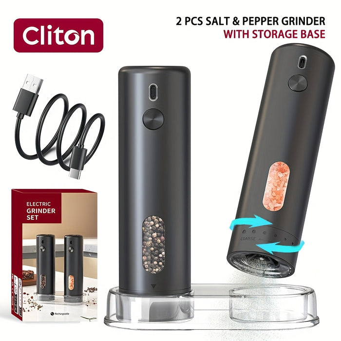 Electric Pepper Grinder Rechargeable, Automatic Salt and Pepper Mills Set with 3.72oz Container, External Adjustable Coarseness, White LED Light and One-Handed Operation for Kitchen, Outdoor, BBQ & Gift Giving