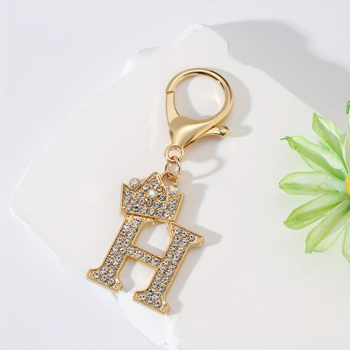 1pc Fashion Zinc Alloy Artificial Diamond Crown 26 English Letters Key Chain For Men, Bag Pendant To Friends