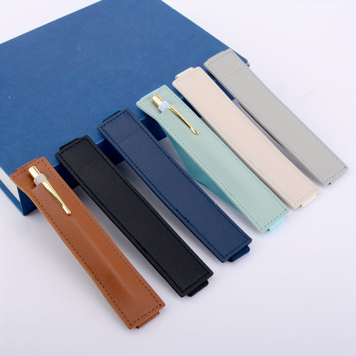 1pc Solid Color Notebook Pen Cover Pen Holder Pu Single Storage Elastic With Pen Bag