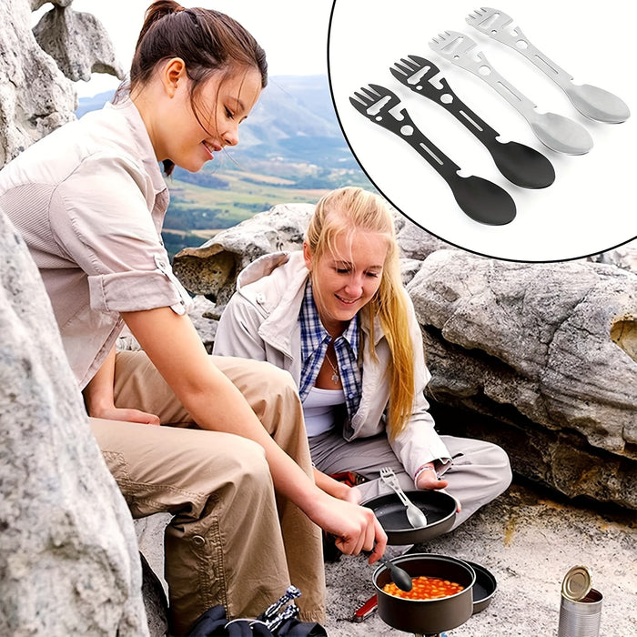 1/2pcs 10-in-1 Multi-Functional Tableware - Stainless Steel Portable Utensil, Can Opener, Serrated Knife, Wrench, Direction Indicator - Perfect for Outdoor Camping, Hiking, Picnic & Travel - For Adventurers & Outdoor Enthusia