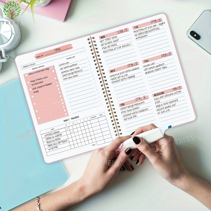 1pc TREES A5 Spiral Undated Planner, 52 Sheets, Daily Weekly Agenda Notebook, PVC Cover, Office School Stationery, Goal Setting & Planning, 8.3x5.5 Inches
