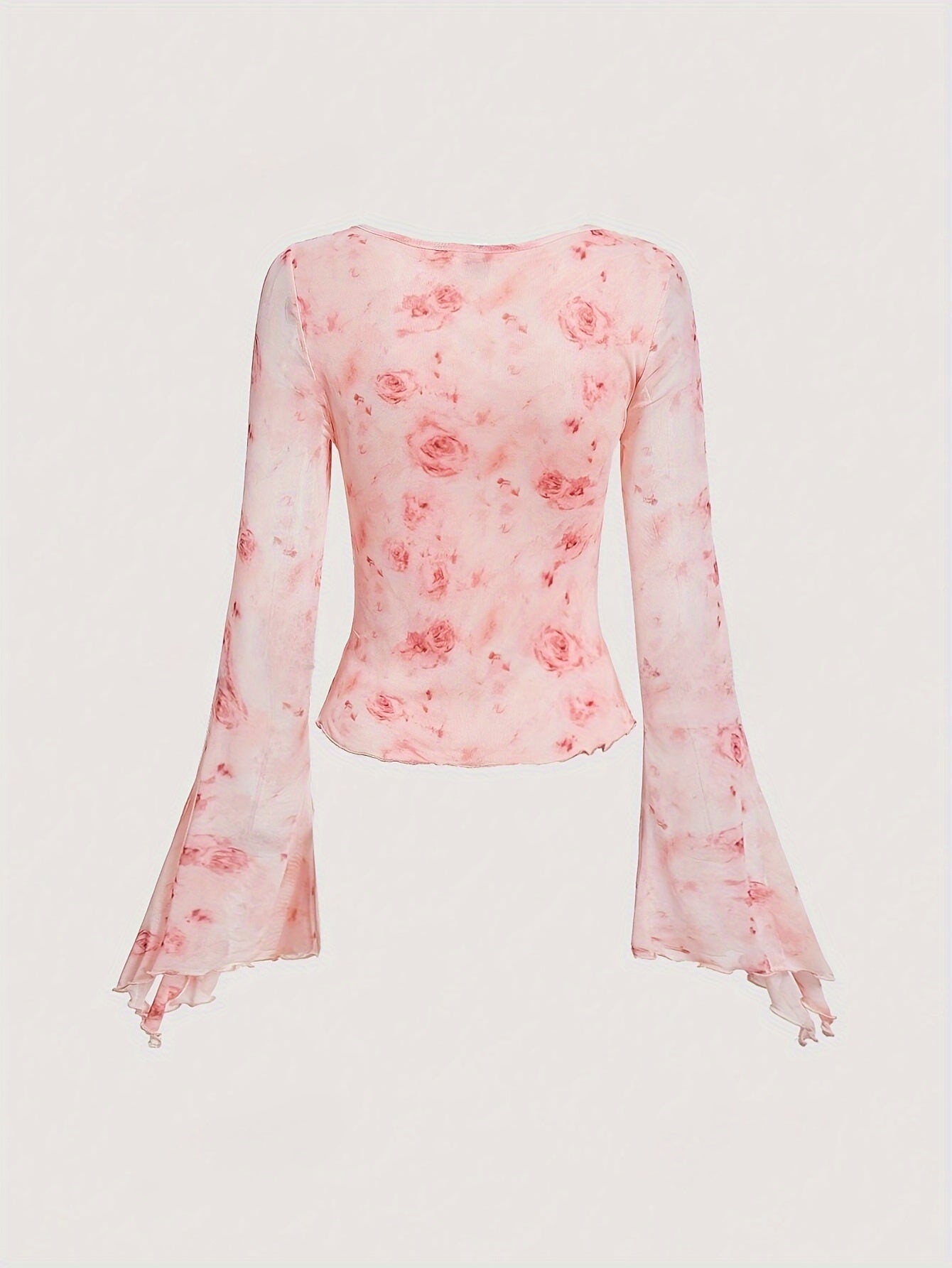 Stylish Floral Print Knot Front Slim Fit T-Shirt - Women's Elegant Flare Sleeve T-Shirts for Spring & Fall - Casual, Comfortable, and Versatile Clothing for Ladies