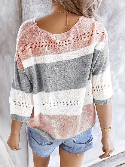 Women'S Casual Striped V-Neck Knit Top with Cut-Out Detail - Lightweight, Breathable, Perfect for Spring/Summer, Casual Attire|Striped Top|Vneck Top