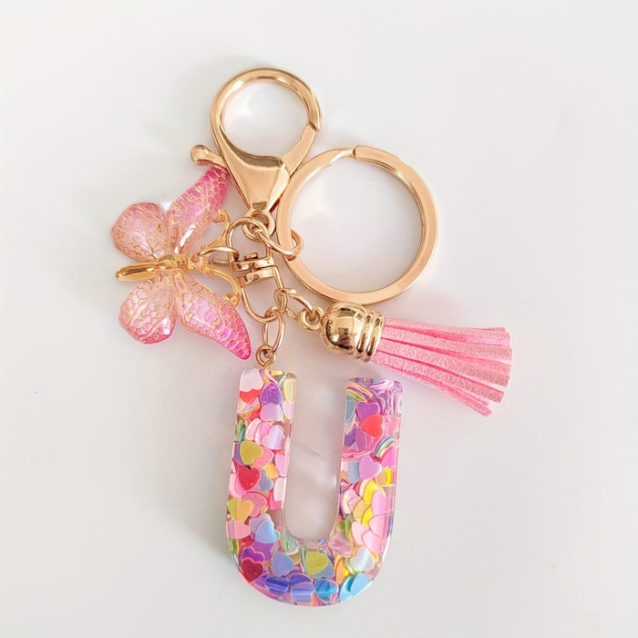 1pc Creative English Letter Pendant Keychain For Girls, Pink Sequin Drop Glue Butterfly Key Chain For Girls, Bag Car Key Ornament Christmas Gift