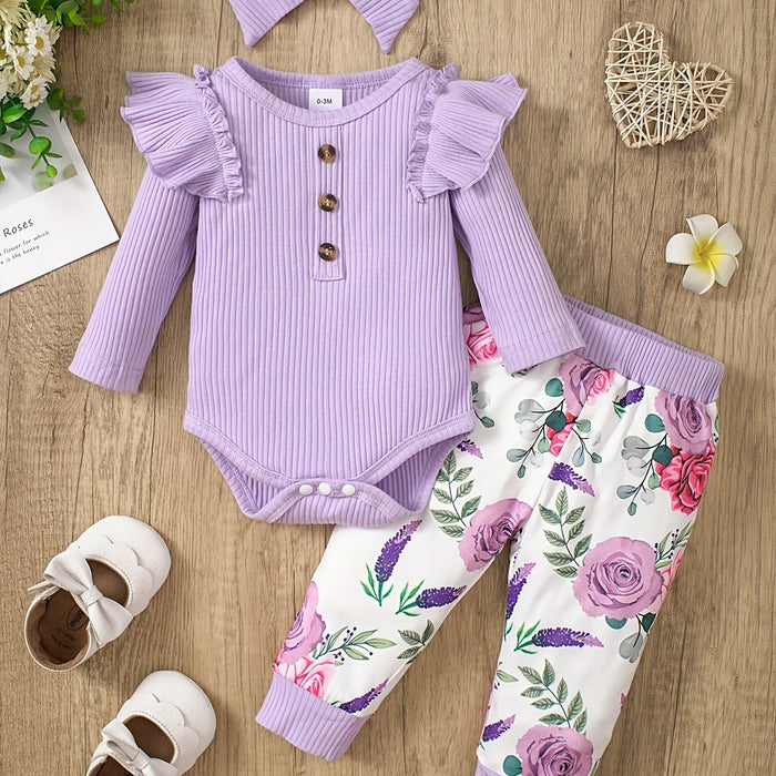 Baby Girl's Casual Fashion Outfit, Long Sleeve Triangle Romper + Floral Print Trousers Set, Outdoor Cloth