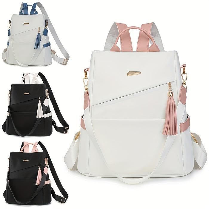 [Travel Ready] Elegant Women's Anti-Theft Lightweight Backpack - Chic White with Pink Accents, Large Capacity, Adjustable Straps, Tassel Detail, PU Material, Perfect for Travel & Daily Use