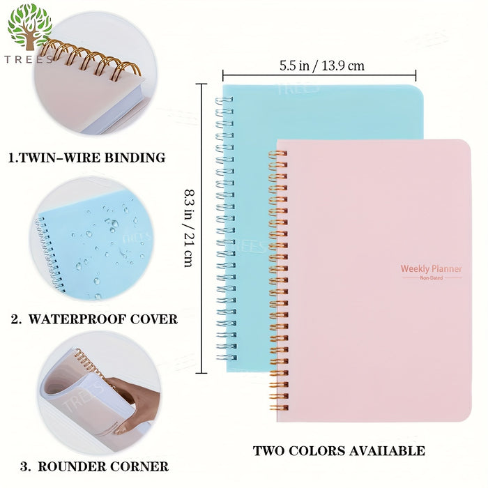 1pc TREES A5 Spiral Undated Planner, 52 Sheets, Daily Weekly Agenda Notebook, PVC Cover, Office School Stationery, Goal Setting & Planning, 8.3x5.5 Inches