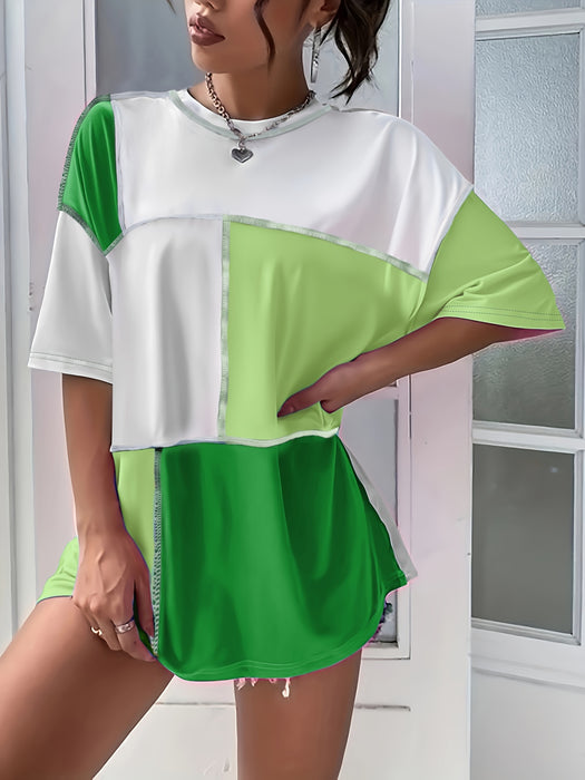 Colorblock Patchwork Crew Neck T-Shirt, Casual Drop Shoulder Top For Spring & Summer, Women's Clothing