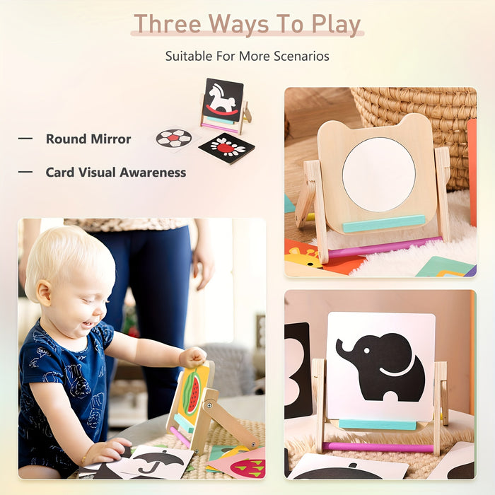 [Creative Shelf for Early Learning] Creative Wooden Mirror Display Shelf, With Cards, Educational Early Education Cognitive Learning Board, As Halloween, Christmas Gifts