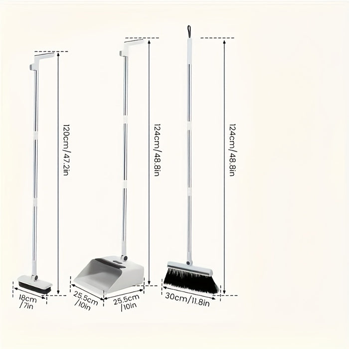 3-in-1 Foldable Broom and Dustpan Set, Unflagged Bristle Sweep Brush, Multi-Surface Cleaning Kit for Living Room, Bedroom, Bathroom, Carpet, Hard Floor, Durable Plastic, Home and Dorm Use