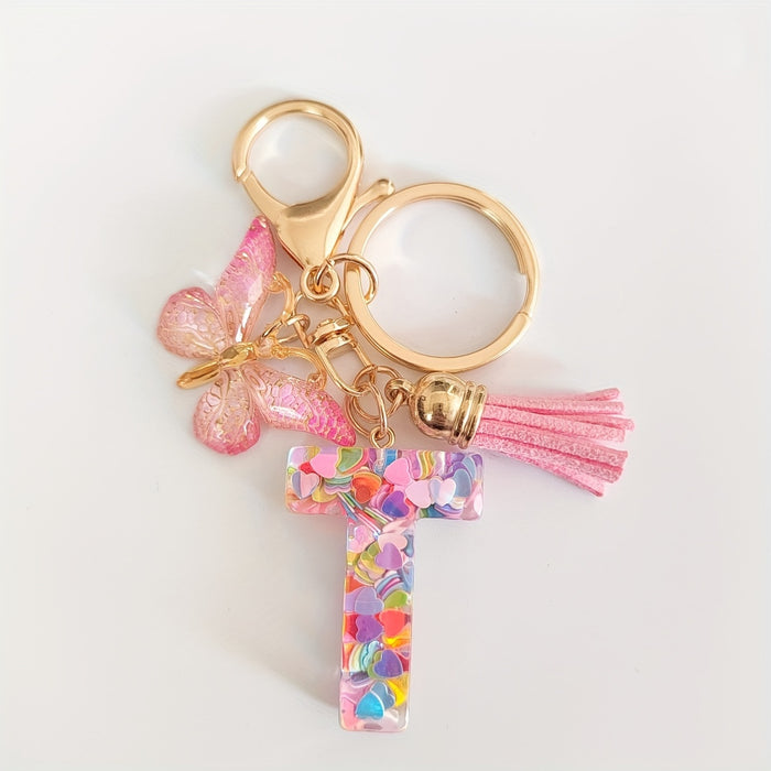 1pc Creative English Letter Pendant Keychain For Girls, Pink Sequin Drop Glue Butterfly Key Chain For Girls, Bag Car Key Ornament Christmas Gift