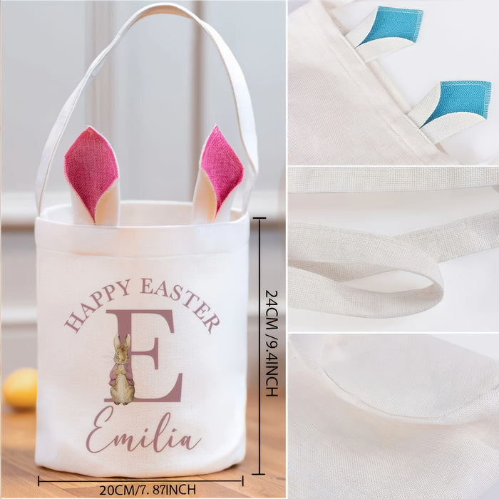 Customized Burlap Easter Basket with Bunny Handles - Personalized Easter Egg Hunt Tote - Festive Easter Party Bag for Emilia