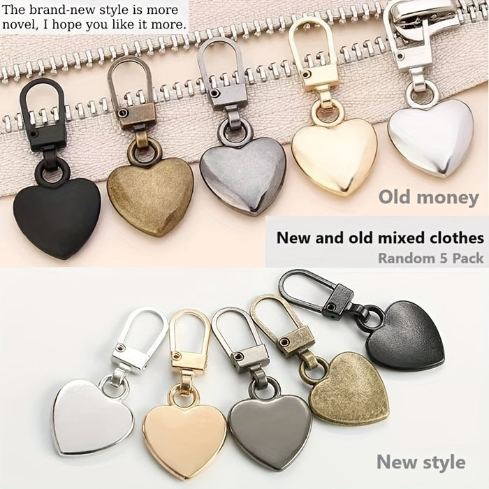 5 Versatile Heart-shaped Golden Accessories With Small Holes, Semi-automatic Head Pull Pieces That Can Be Disassembled, Suitable For Replacing Zipper Heads On Bags, Jackets, Clothes, Shoes, And Boots, As Well As Pendant Zippe