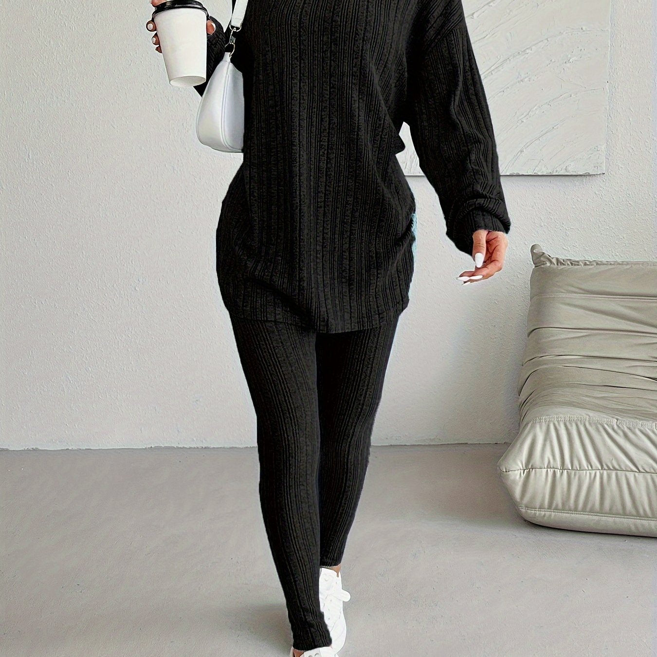 two-piece Ribbed Long Sleeve Hooded Top & Skinny Pants Set for Women, Casual Lounge Outfit