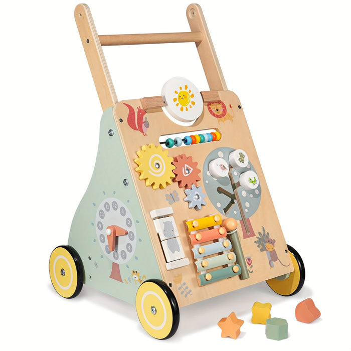 Wooden Baby Walker - Multiple Learning Activities Center Develops Motor Skills for Infant to Toddler, Push and Pull Walkers with Wheel - For Boys & Girls -  Suitable for 6-18 Months -  Perfect Gift for Baby Shower
