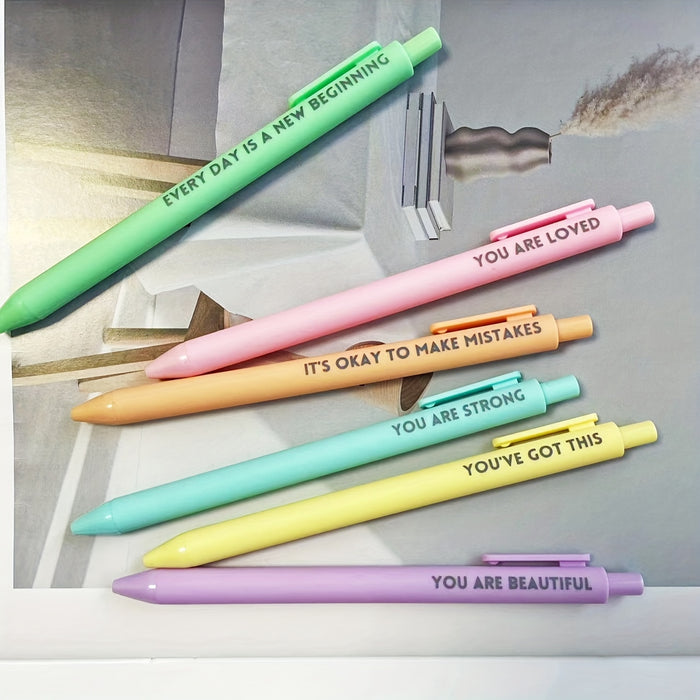 6-pack Inspirational Quote Rollerball Pens - 6-Pack, Medium Point, Black Ink, Rubber Grip, Ambidextrous, Pocket Clip for Journaling and Writing
