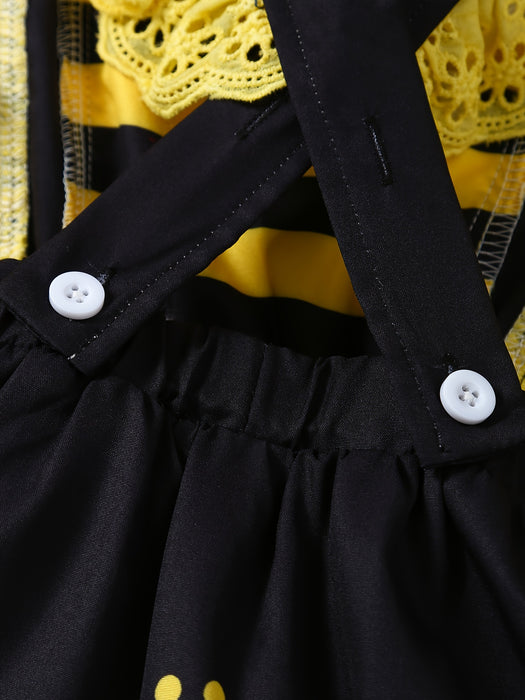 [Ladybug Summer Dress Set] 2pcs Little Bee Ladybug Summer Dress - Striped Full-Print Exposed Back Spliced for Lotus Lace Adjustable Suspender + Sun Hat Set