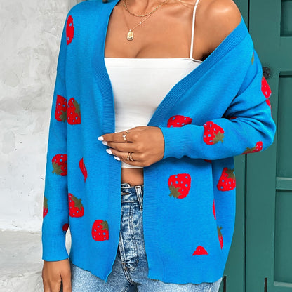 Strawberry Print Open Front Cardigan, Long Sleeve Elegant Cardigan for Spring & Fall, Women's Clothing