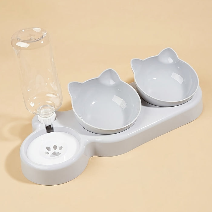 3-in-1 Pet Feeding Set: Tilted Cat Bowls with Gravity Water Bottle and Ear Design for Neck Protection