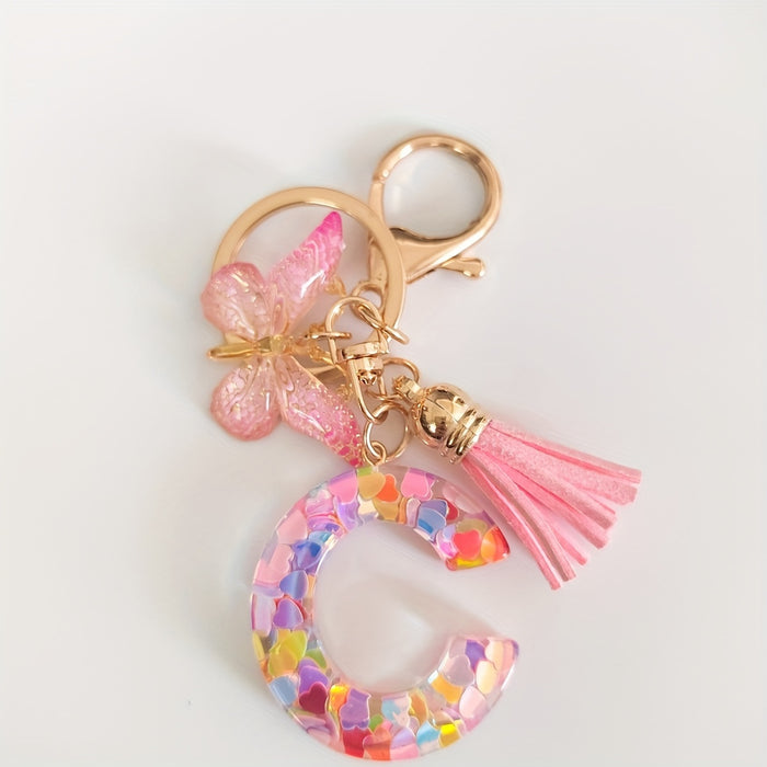 1pc Creative English Letter Pendant Keychain For Girls, Pink Sequin Drop Glue Butterfly Key Chain For Girls, Bag Car Key Ornament Christmas Gift