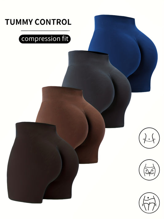[Solid Color Knit Fabric Yoga Shorts] 4-Pack Women'S High-Waisted Sports Shorts, Tummy Control Compression Fit, Solid Color, Knit Fabric, Polyamide 90%, Elastane 10%, Short Length, All-Season Gym Yoga Athletic Shorts