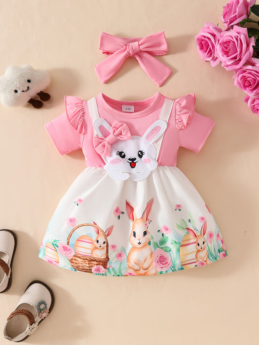 Adorable Bunny Print Short Sleeve Dress with Matching Headband for Girls - Soft Polyester Blend, Cute Rabbit Design, White Collar, Pink Floral Pattern, Summer Outfit for Toddlers, Perfect for Outdoor