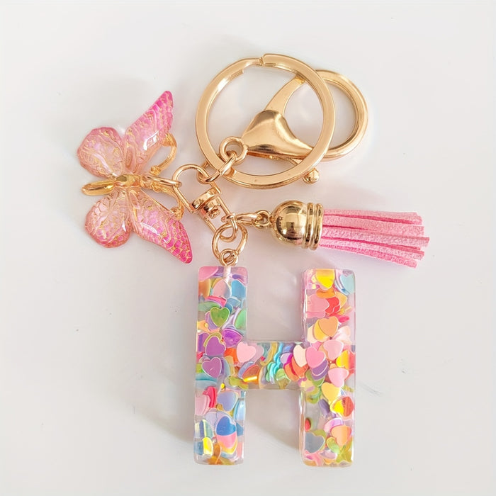 1pc Creative English Letter Pendant Keychain For Girls, Pink Sequin Drop Glue Butterfly Key Chain For Girls, Bag Car Key Ornament Christmas Gift