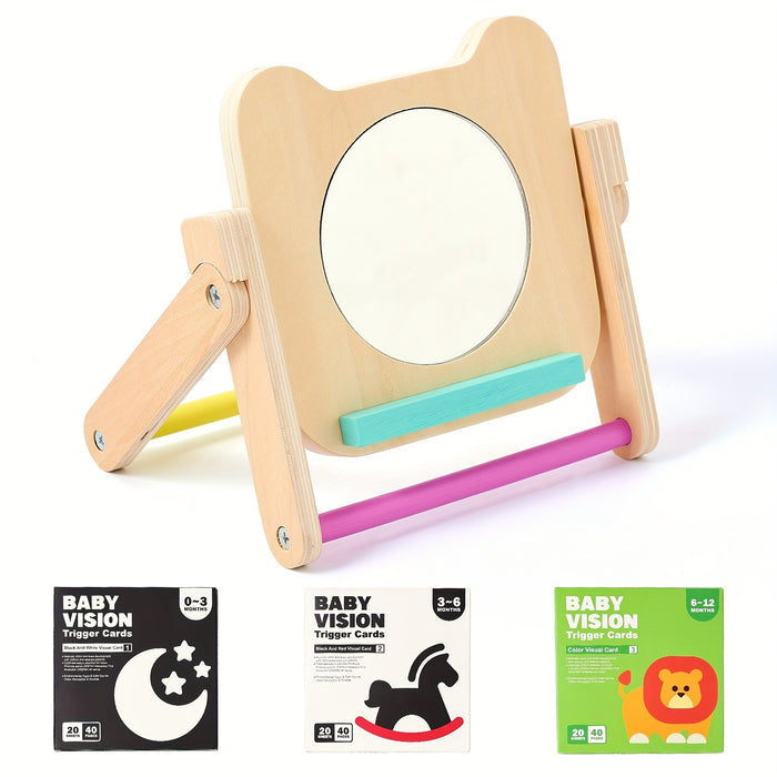 [Creative Shelf for Early Learning] Creative Wooden Mirror Display Shelf, With Cards, Educational Early Education Cognitive Learning Board, As Halloween, Christmas Gifts