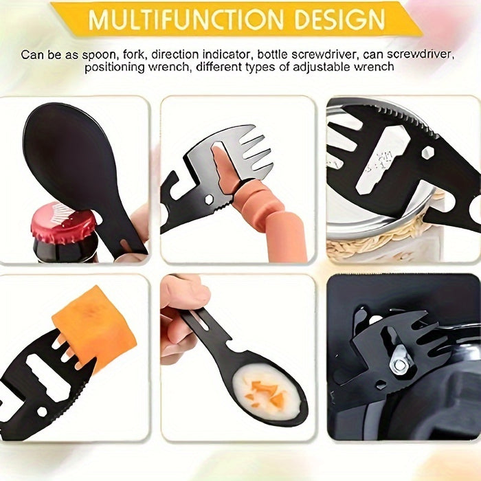 1/2pcs 10-in-1 Multi-Functional Tableware - Stainless Steel Portable Utensil, Can Opener, Serrated Knife, Wrench, Direction Indicator - Perfect for Outdoor Camping, Hiking, Picnic & Travel - For Adventurers & Outdoor Enthusia