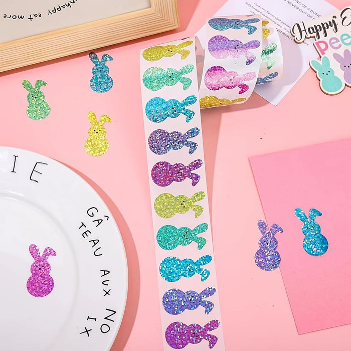500pcs Easter Bunny Stickers - Colorful Laser-Cut Rabbit Decals, 5 Shimmering Colors, Self-Adhesive Sealing Labels for Envelopes, Journals & Party Favors