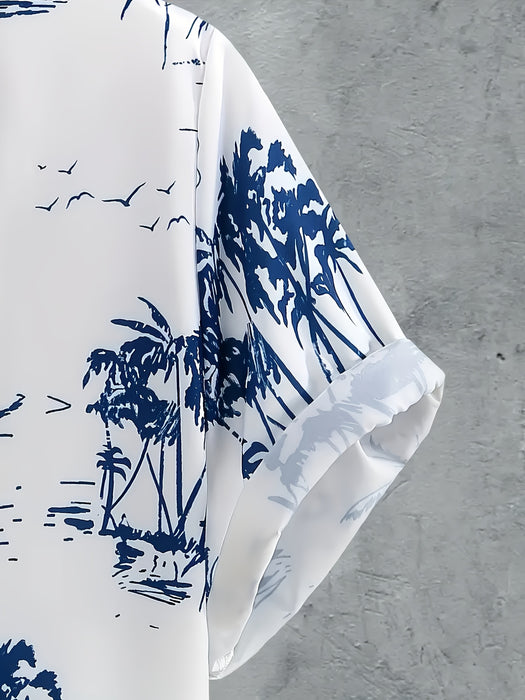 Men'S Casual Summer Tropical Print Short Sleeve Shirt & Drawstring Shorts Set - Comfortable Polyester Fabric, White with Blue Palm Tree Design, Perfect for Beach, Vacation, or Everyday Wear, Vacation Attire|Tropical Print Shi